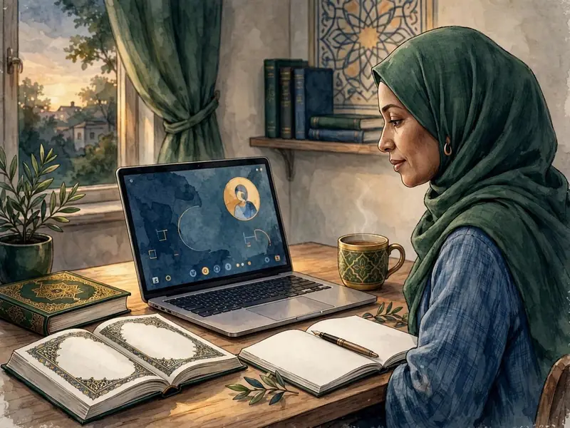Watercolour illustration of an adult woman studying the Quran during an online class at home