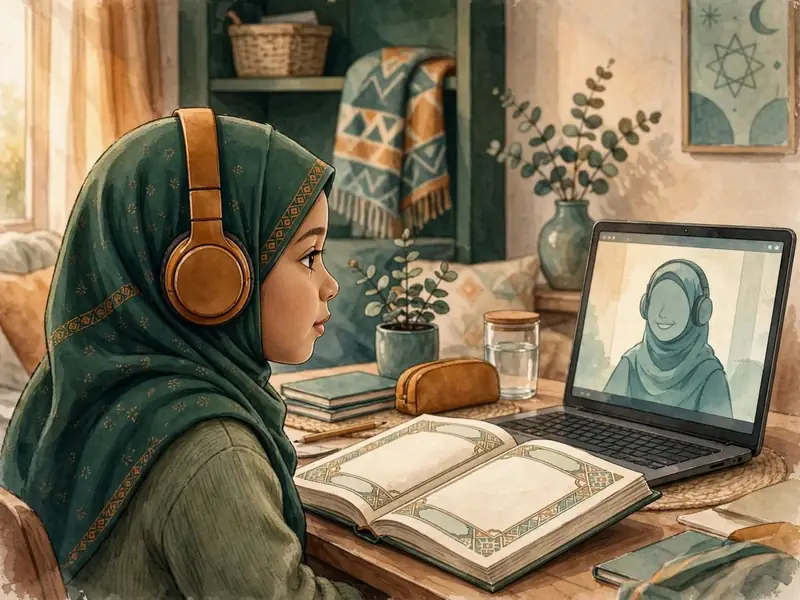 Watercolour illustration of a girl in a headscarf following a Quran lesson on a laptop with a female teacher